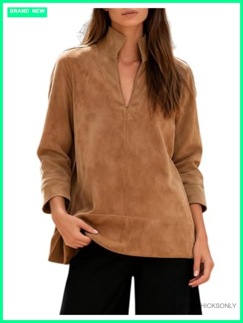 Faux Suede Tunic Top V Neck 3/4 Sleeve Stand Collar Split Hem Blouse